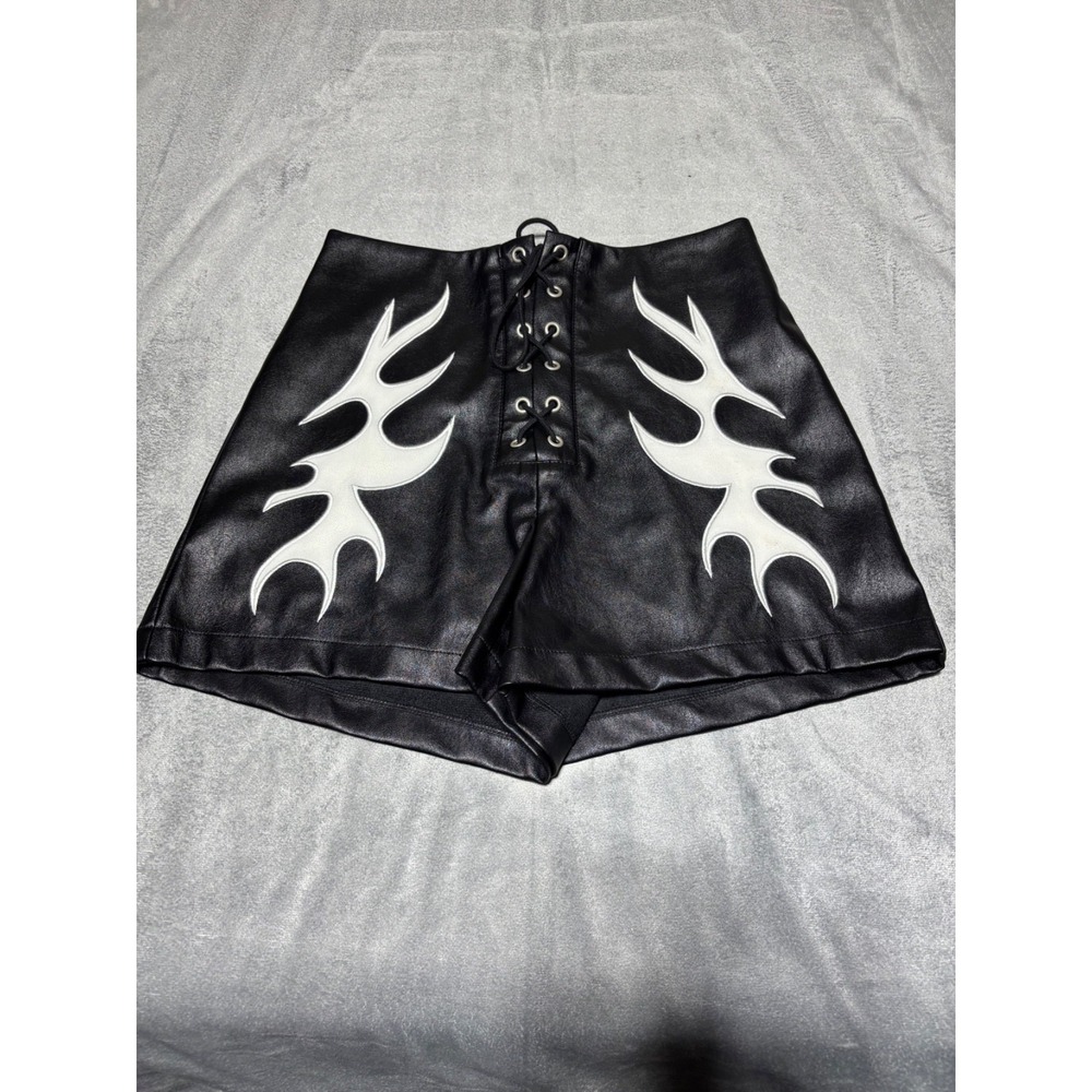 Sterling & Stitch Buckle Women Size M Black Faux Leather White Flame Shorts